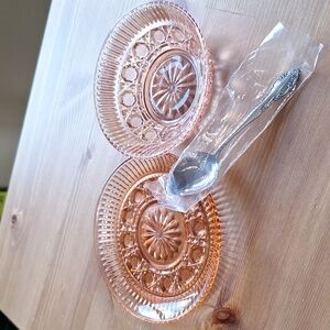 #AEO Indiana glass peach ballad sauce/dressing set plate bowl & spoon